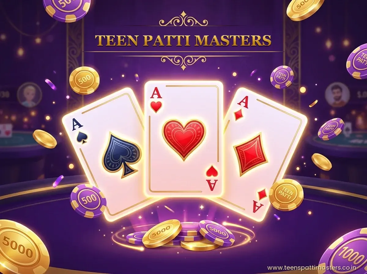 Teen Patti Masters 3D Cards and Golden Chips Gaming Table Teen Patti Masters 3D cards Trio Aces hand and golden chips on purple gaming table